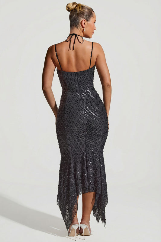 Embellished Cut-Out Asymmetric Midaxi Dress in Black