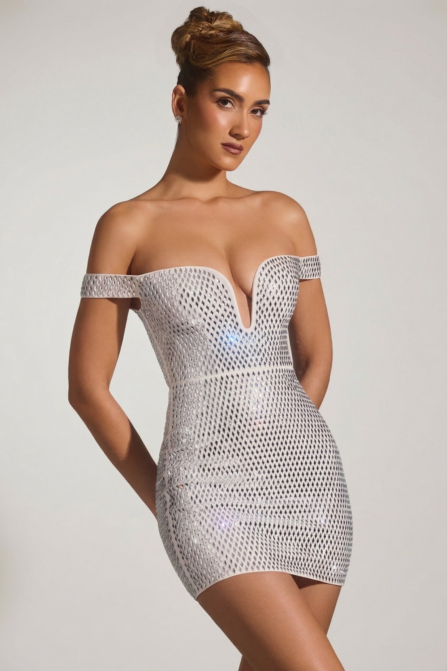 Embellished Off-Shoulder Mini Dress in White