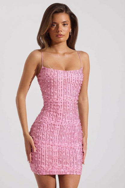 Embellished Scoop-Neck Bodycon Mini Dress in Pink