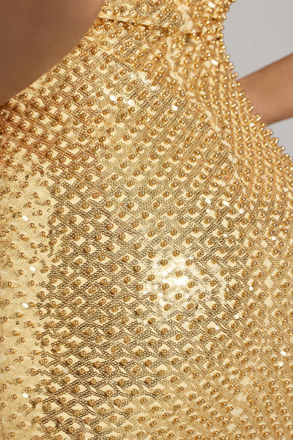 Embellished Sweetheart-Neck Mini Dress in Gold