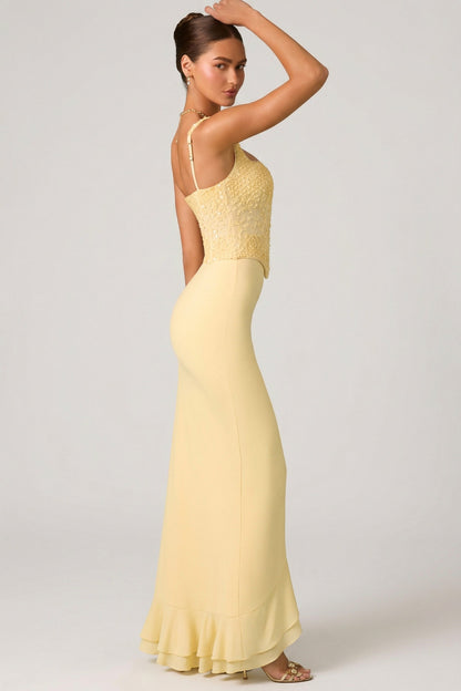 Embellished Ruffle-Trim Corset Gown in Yellow