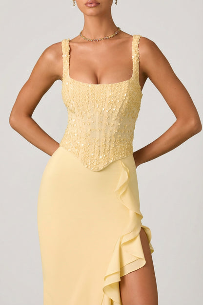 Embellished Ruffle-Trim Corset Gown in Yellow