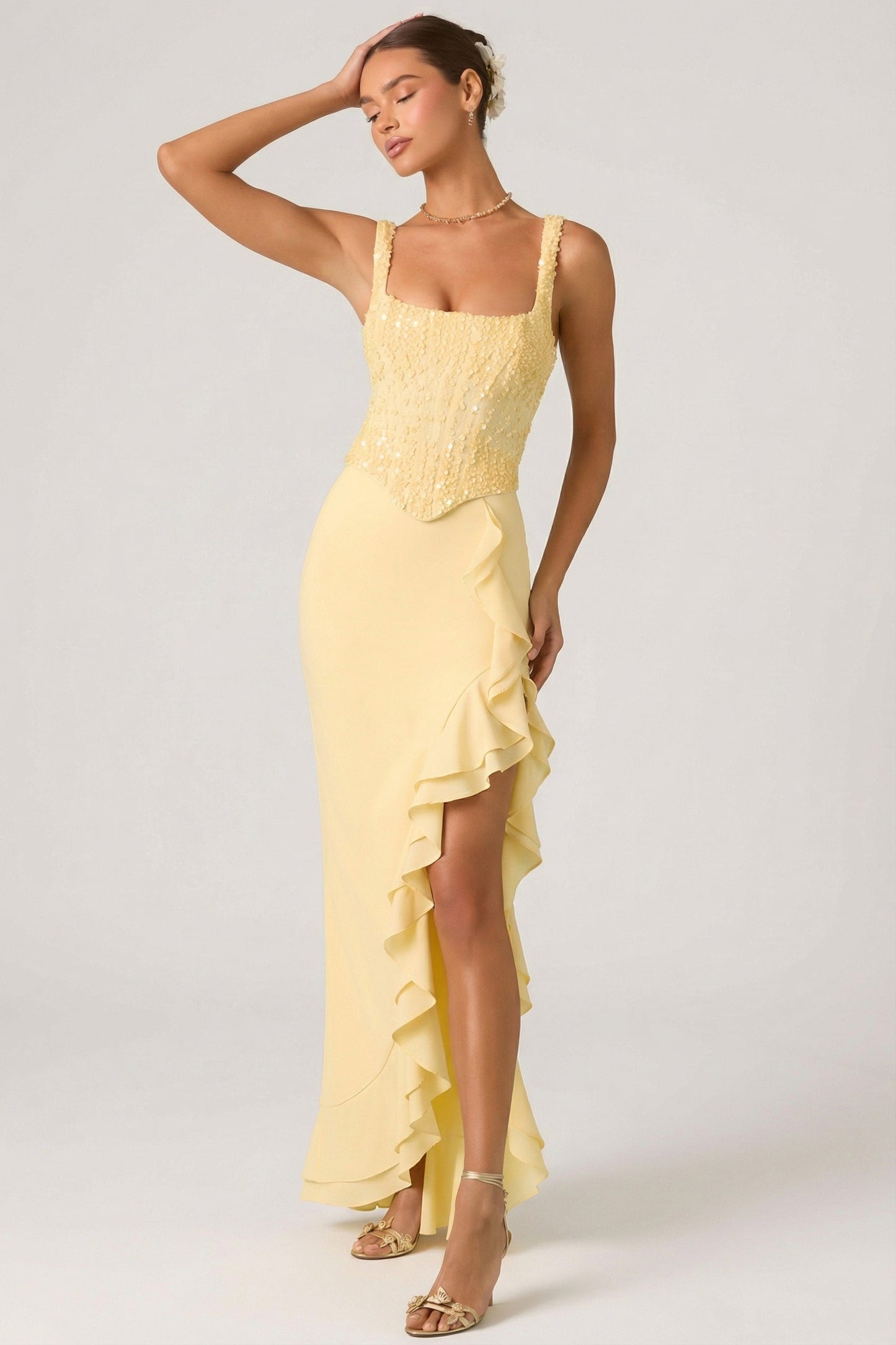 Embellished Ruffle-Trim Corset Gown in Yellow