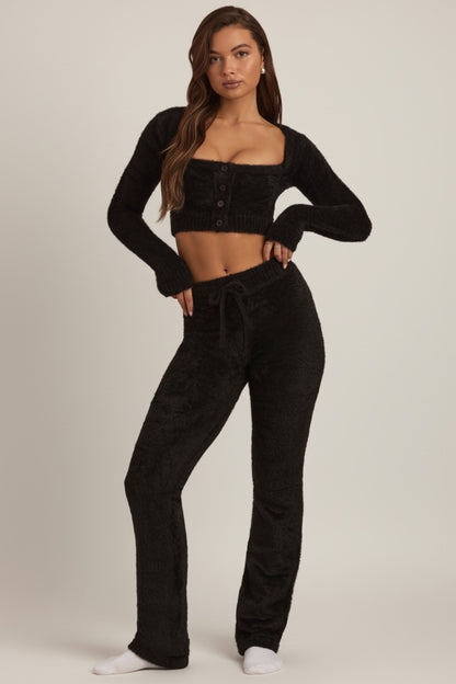 Fluffy Knit Wide-Leg Trousers in Black