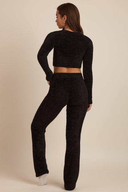 Fluffy Knit Wide-Leg Trousers in Black