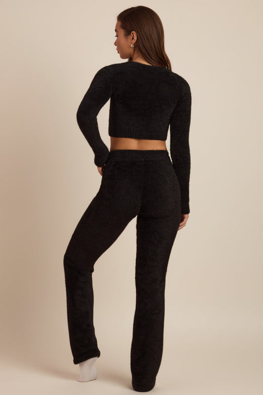 Fluffy Knit Wide-Leg Trousers in Black