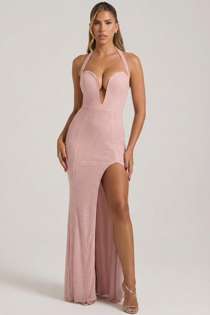 Embellished Halterneck Gown in Lavender Pink