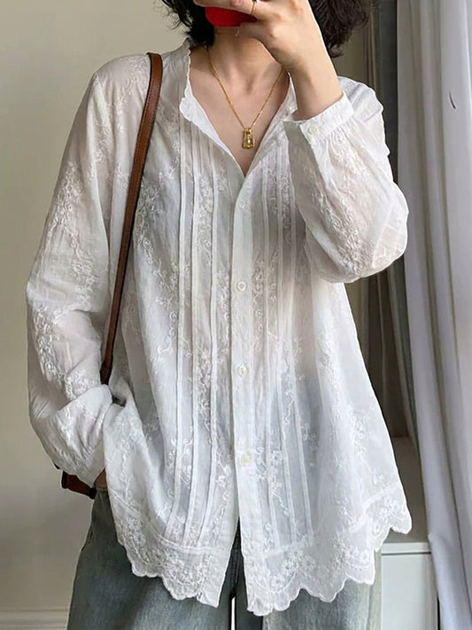 Plus Size Women Artsy Embroidery 100%Cotton Long Sleeve Shirt