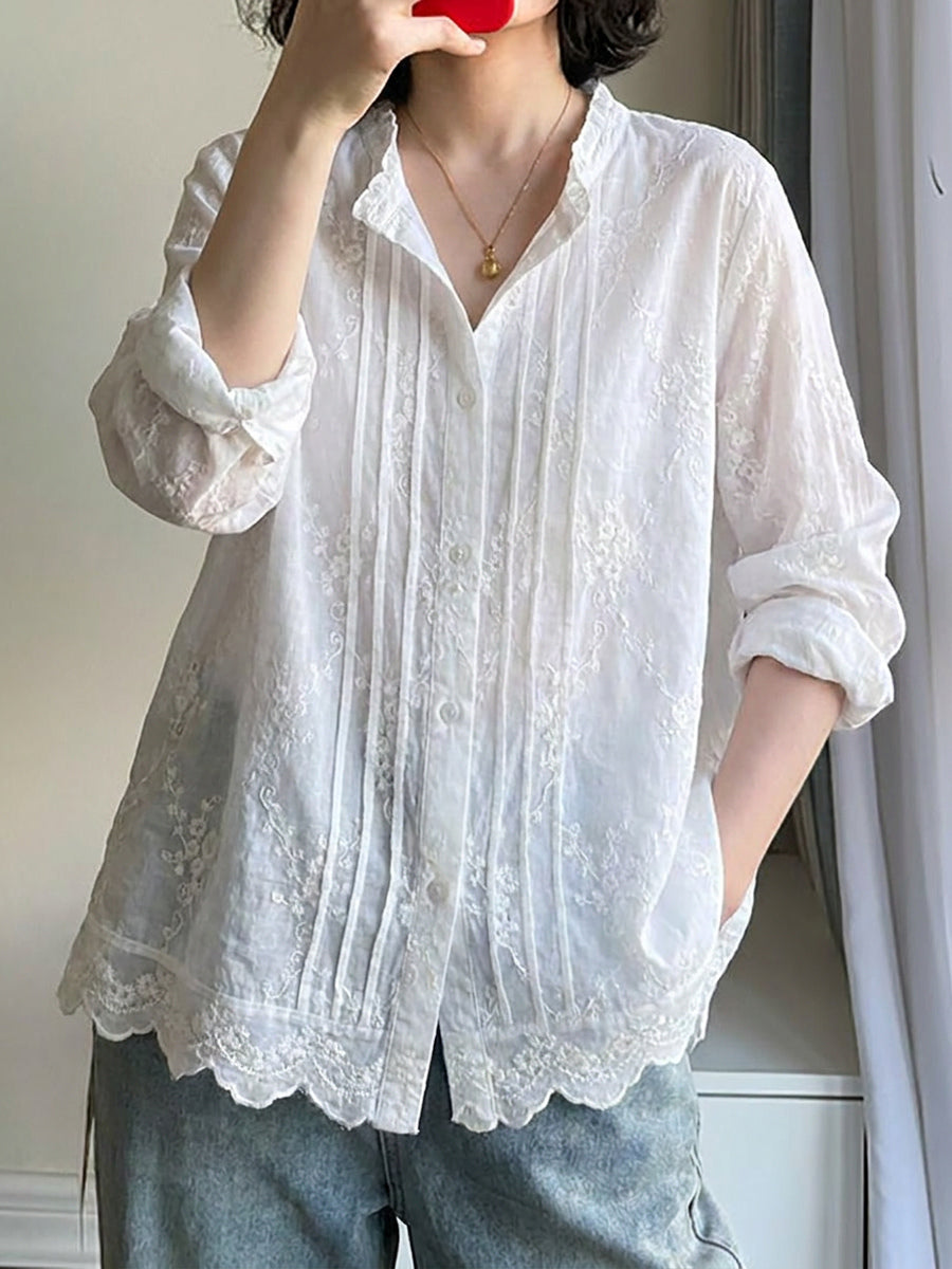 Plus Size Women Artsy Embroidery 100%Cotton Long Sleeve Shirt